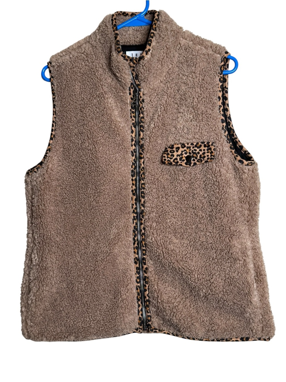 THML Taupe Sherpa Vest with Leopard Trim Size M